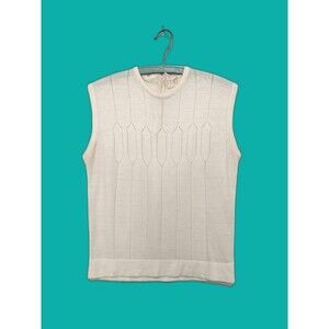 Ivory Vintage 1960s Pointelle Back Zip Sweater Sleeveless Shell M B38 Acrylic